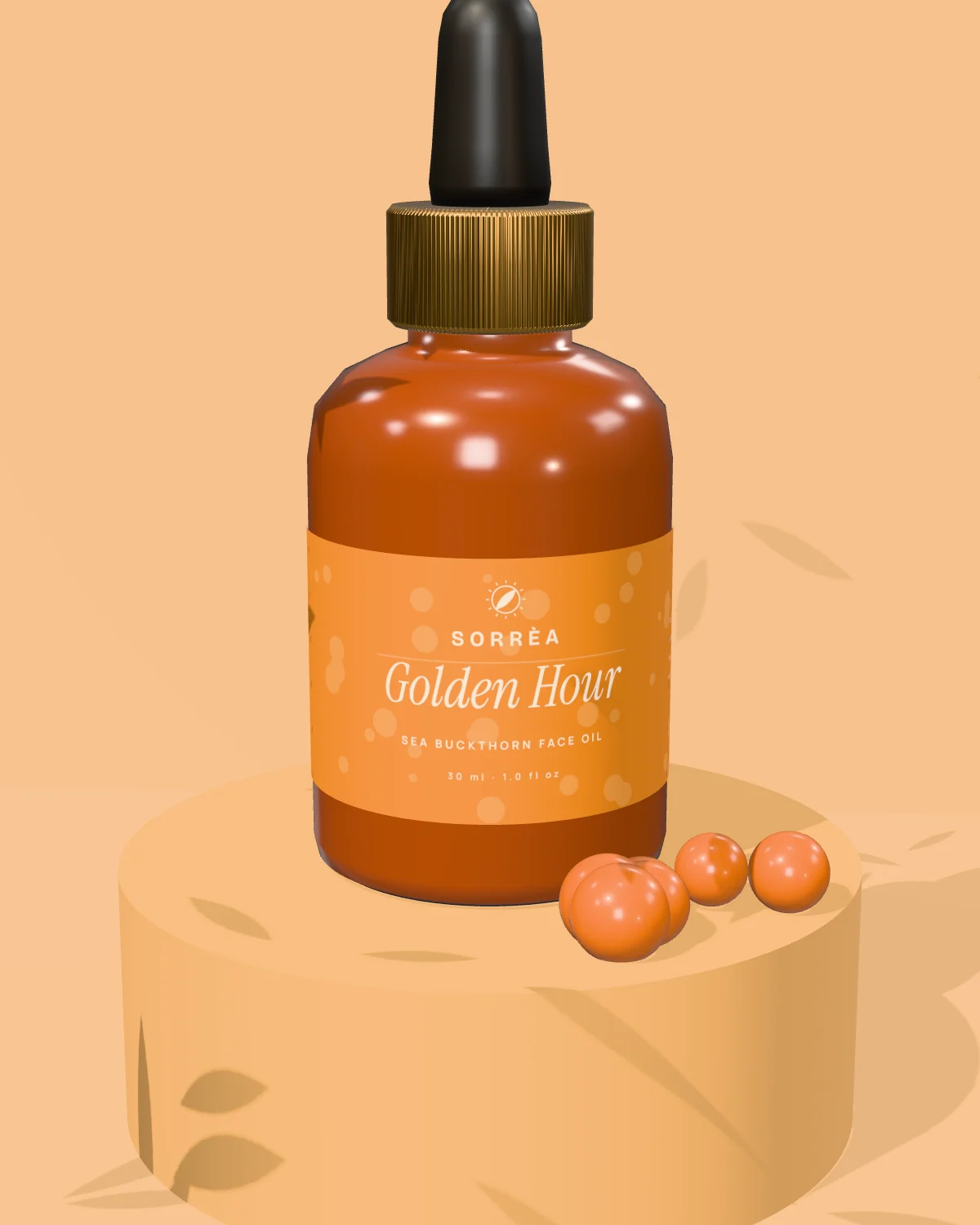 Golden Hour face oil on a saffron plinth in dappled sunlight