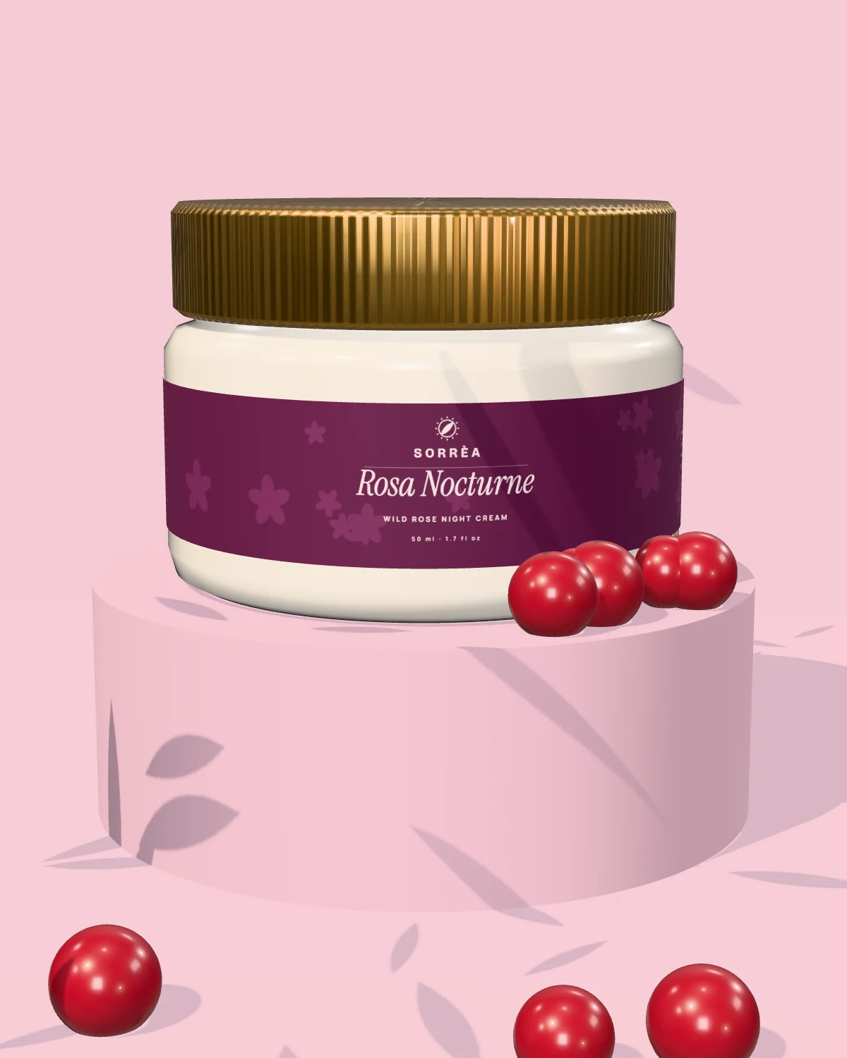Rosa Nocturne night cream on a blush plinth with rosehips