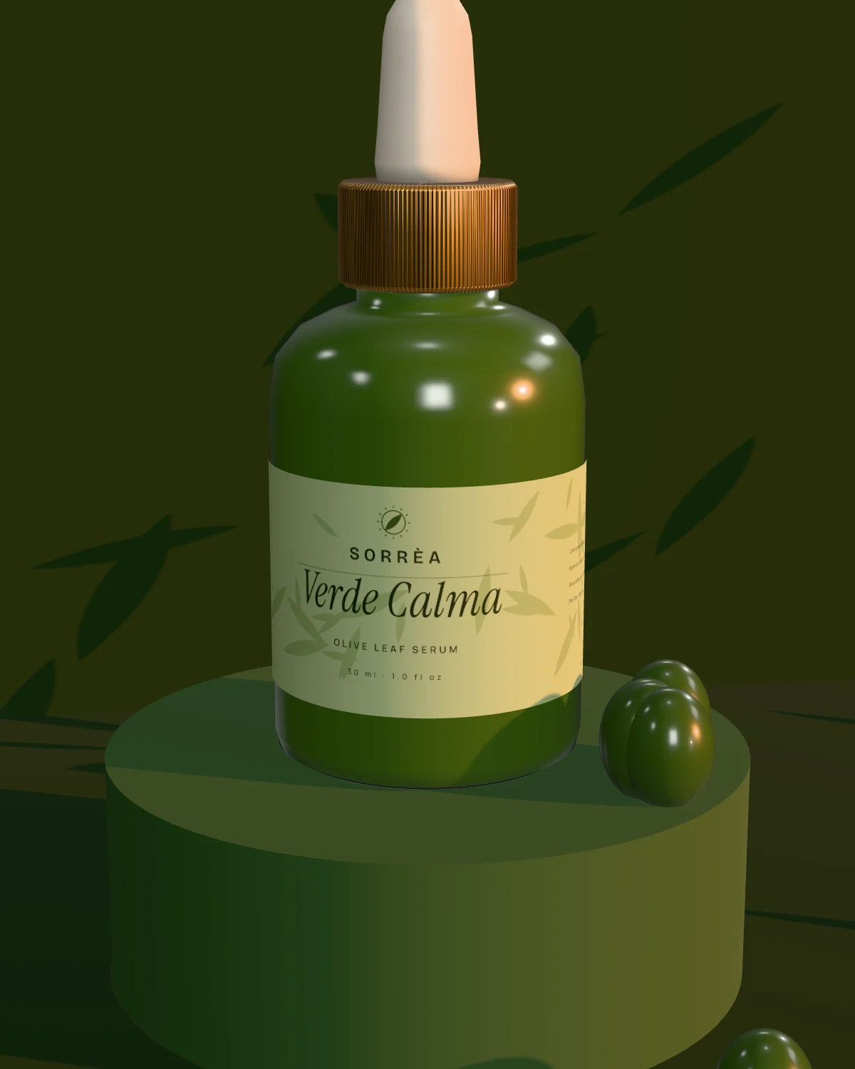 Verde Calma serum in deep green evening light