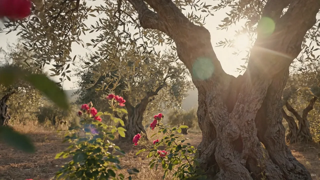 Sunlight moving through olive leaves